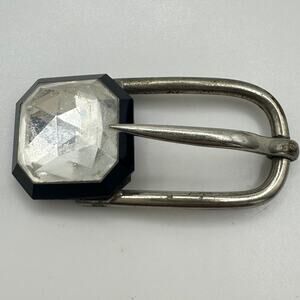 Made in France antique Art Deco silver tone clear black Czech glass belt buckle
